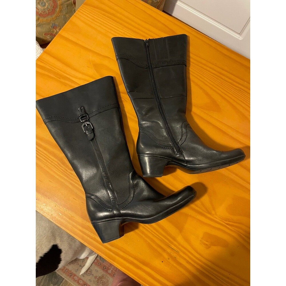 Clarks Women’s Ingalls Vicky Black Leather Riding Heeled Boots Size 9